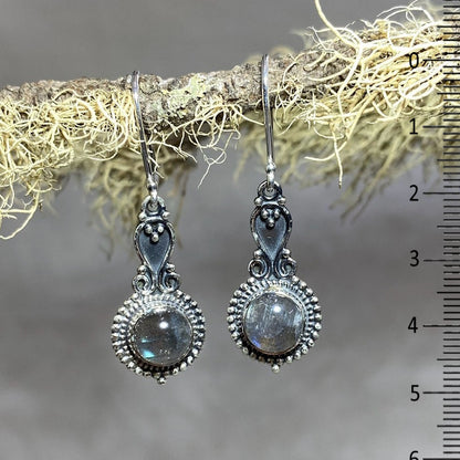 Ornate Sterling Silver Round Labradorite Earrings