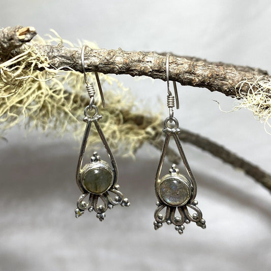 Ornate Sterling Silver Round Labradorite Earrings
