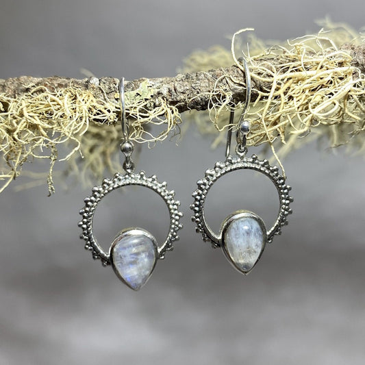 Ornate Sterling Silver Pear Shaped Moonstone Earrings