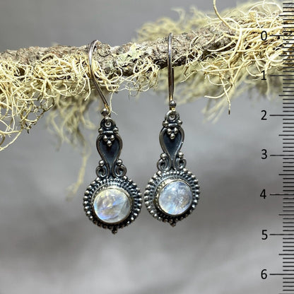 Ornate Sterling Silver Round Moonstone Earrings
