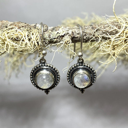 Ornate Sterling Silver Round Moonstone Earrings