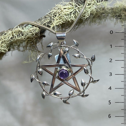 Large Sterling Silver Pentagram Amethyst Pendant