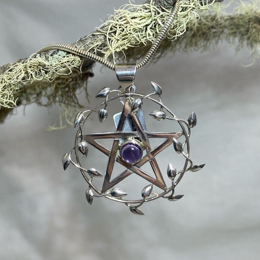 Large Sterling Silver Pentagram Amethyst Pendant