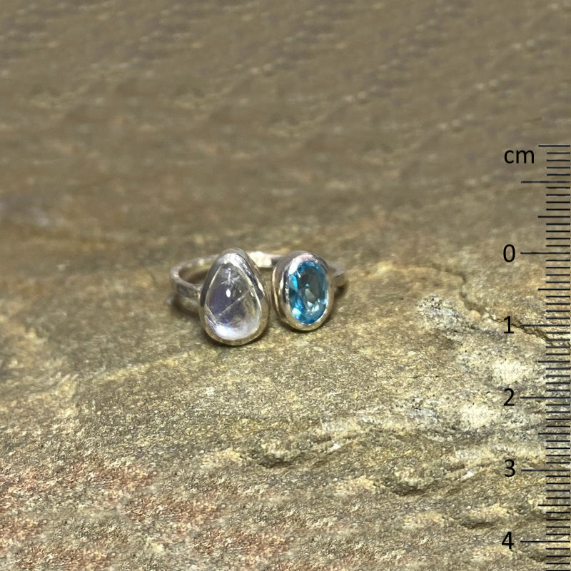 Combination Teardrop Rainbow Moonstone & Faceted Oval Blue Topaz Ring- Size 8