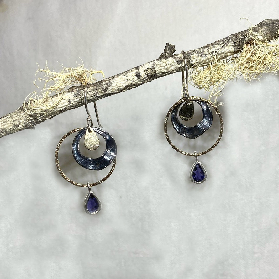 Ornate Sterling Silver, Iolite & Gold Earrings