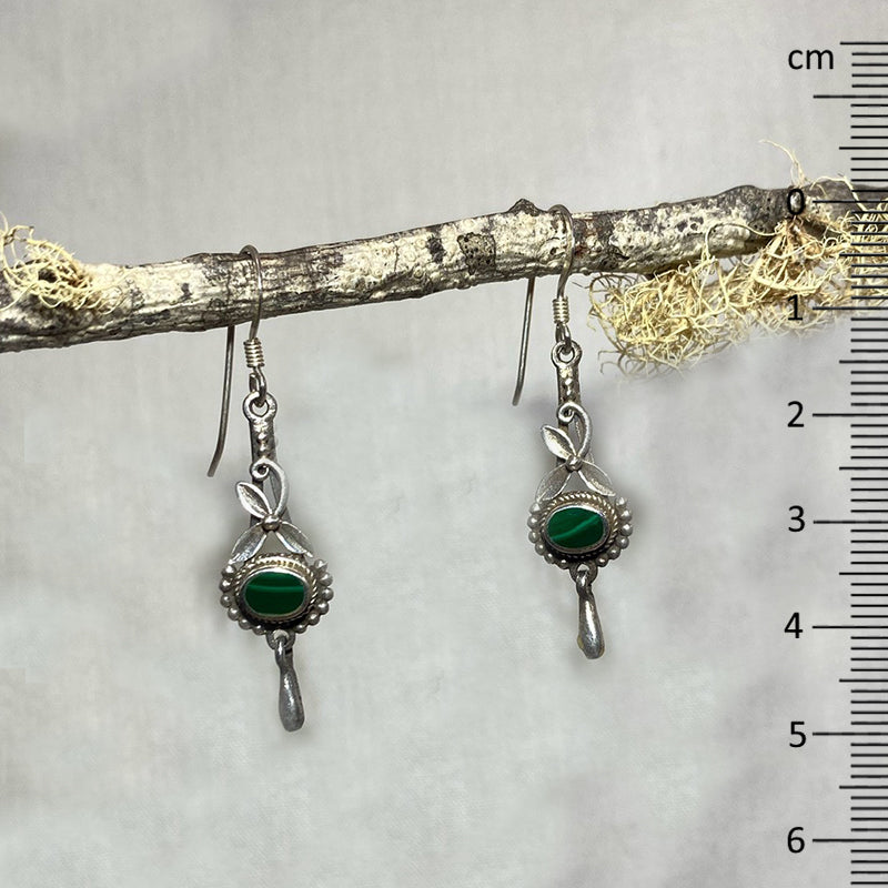 Oval Malachite Ornate Sterling Silver Earrings