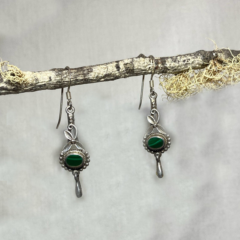 Oval Malachite Ornate Sterling Silver Earrings