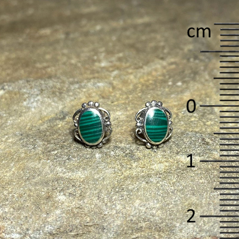 Oval Malachite Ornate Sterling Silver Stud Earrings