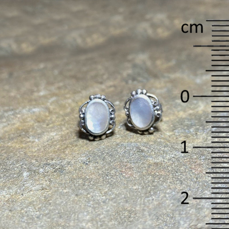 Oval Mother Of Pearl Ornate Sterling Silver Stud Earrings