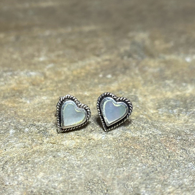 Mother Of Pearl Heart Ornate Sterling Silver Stud Earrings