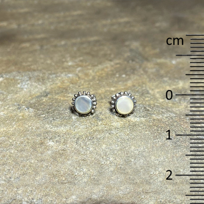 Round Mother Of Pearl Ornate Sterling Silver Stud Earrings