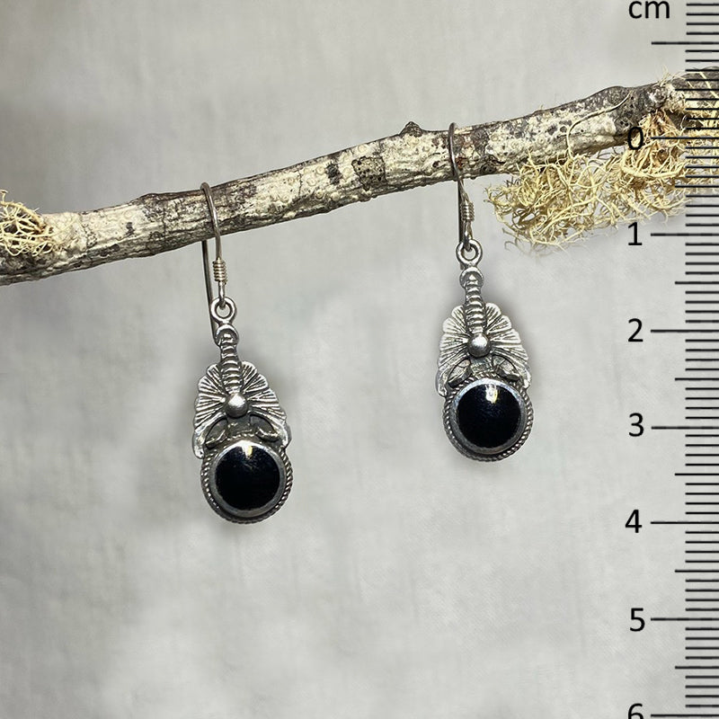 Round Black Onyx Ornate Sterling Silver Earrings