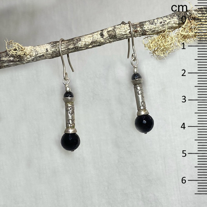 Round Onyx Ornate Hilltribe Silver Earrings
