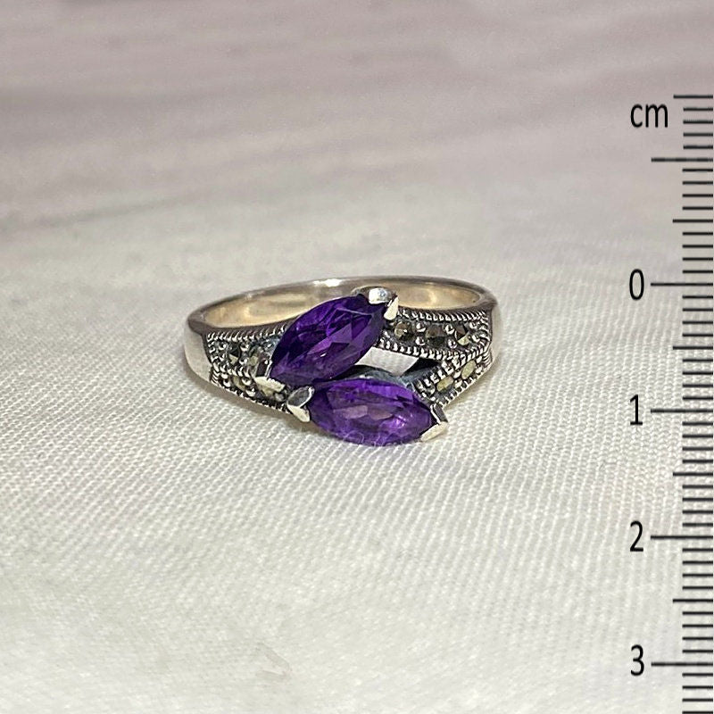 Faceted Marquese Amethyst & Marcasite Ring- Size 7