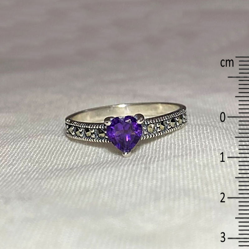 Faceted Heart Amethyst & Marcasite Ring- Size 6