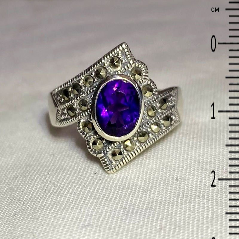 Faceted Oval Amethyst & Marcasite Ring- Size 8