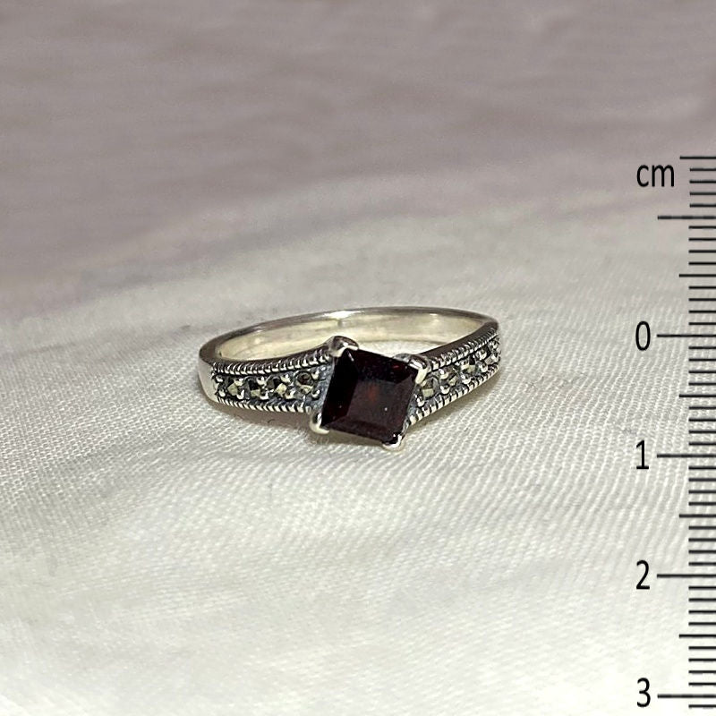 Faceted Square Garnet & Marcasite Ring- Size 8
