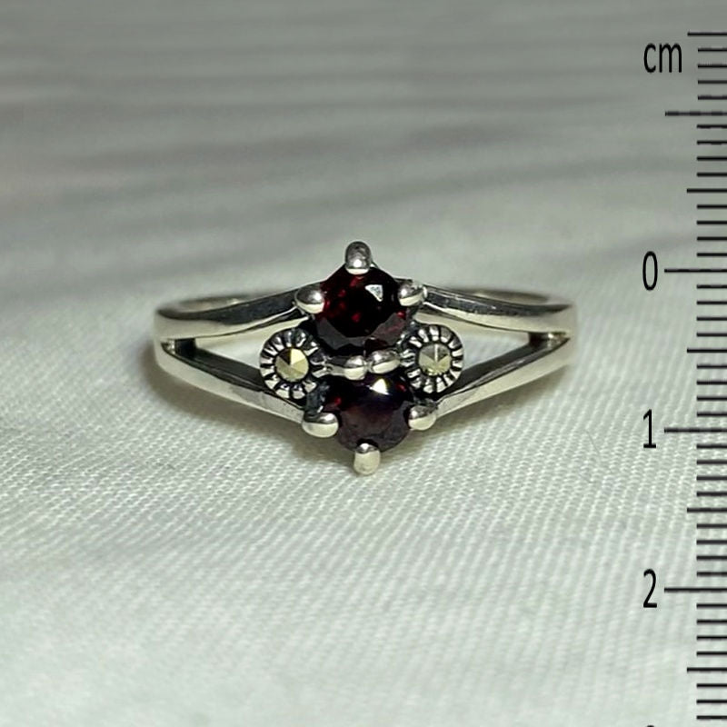 Faceted Round Garnet & Marcasite Ring- Size 8