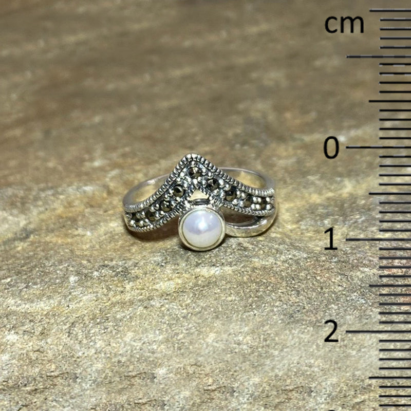 Round Pearl & Marcasite Ring- Size 8