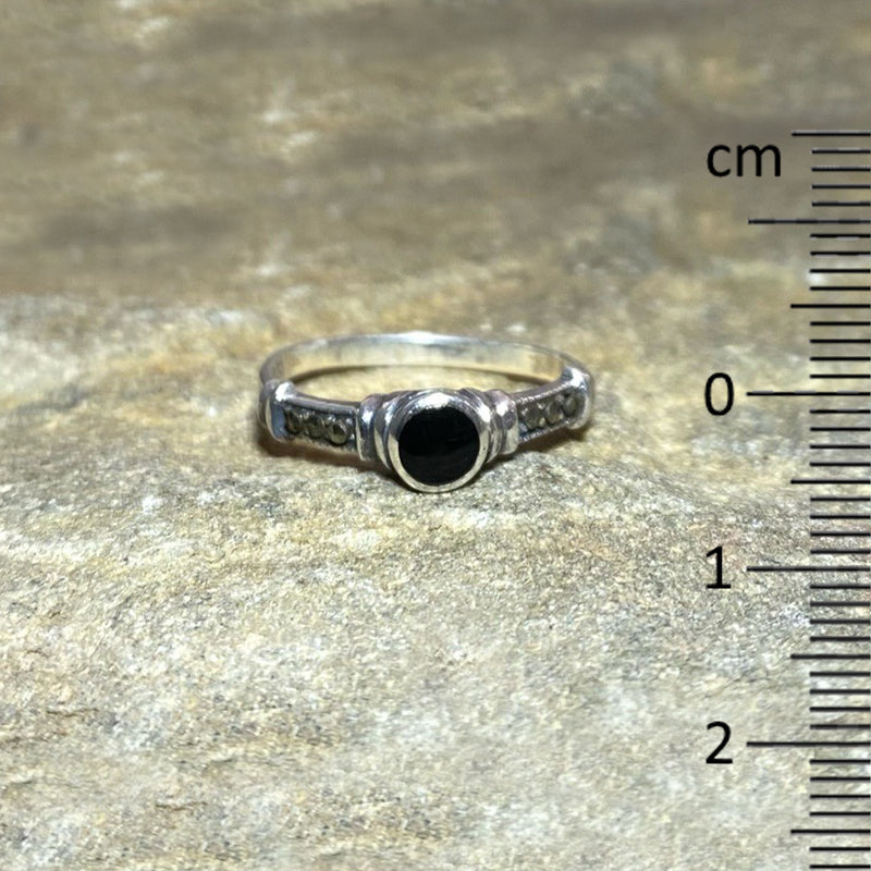 Round Black Onyx & Marcasite Ring- Size 7