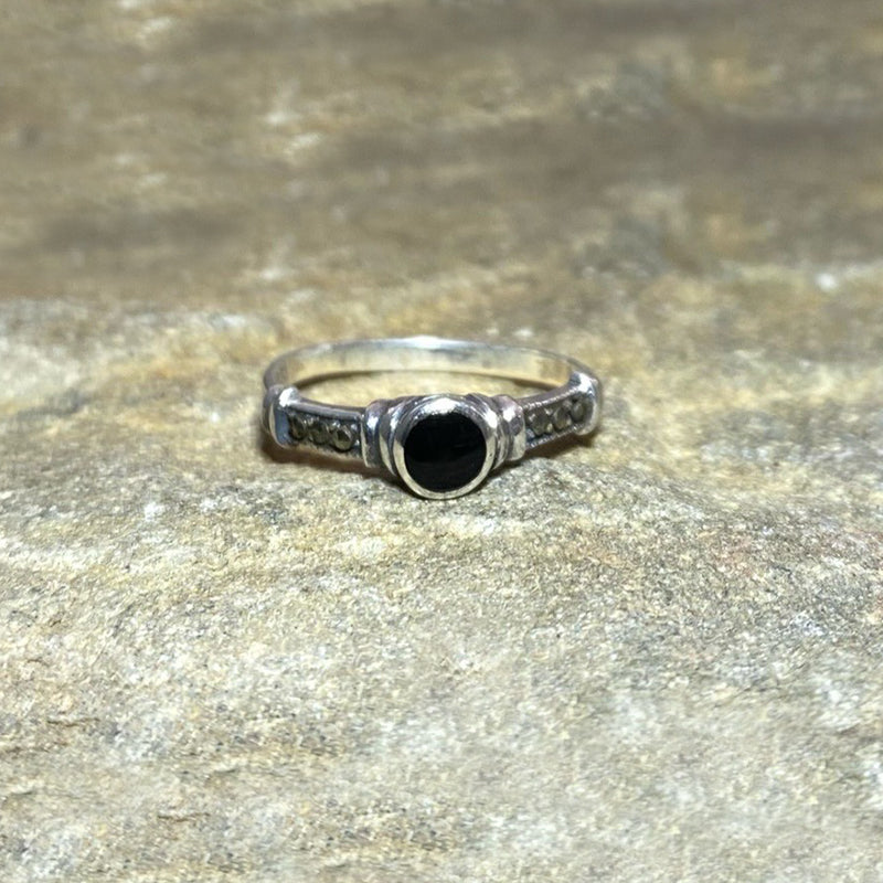 Round Black Onyx & Marcasite Ring- Size 7