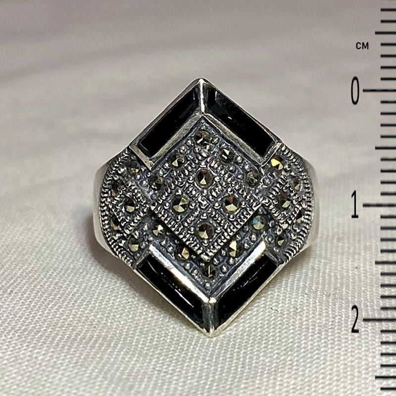Black Onyx & Marcasite Ring- Size 8