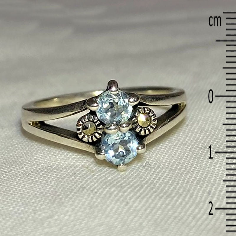 Faceted Round Blue Topaz & Marcasite Ring- Size 7