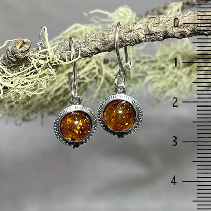 Ornately Patterned Sterling Silver Round Amber Earrings