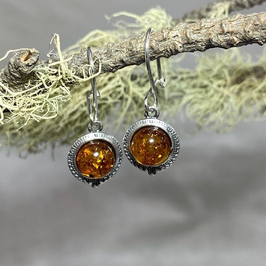 Ornately Patterned Sterling Silver Round Amber Earrings