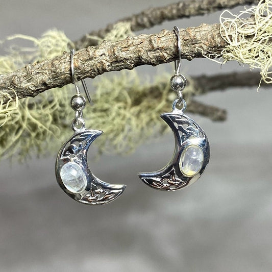 Ornate Sterling Silver Moon Shaped Moonstone Earrings
