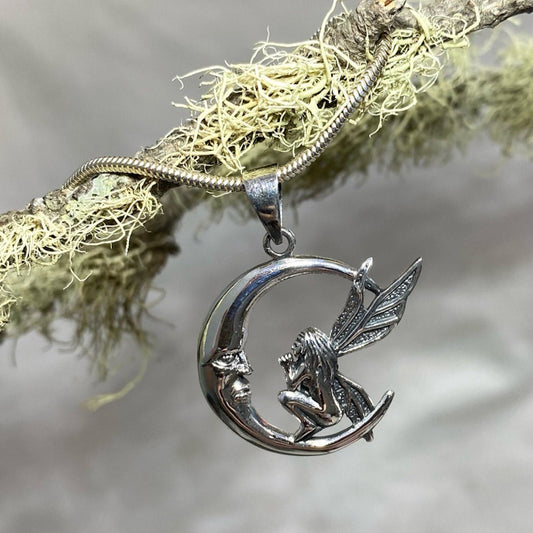 Sterling Silver Fairy and Moon Pendant