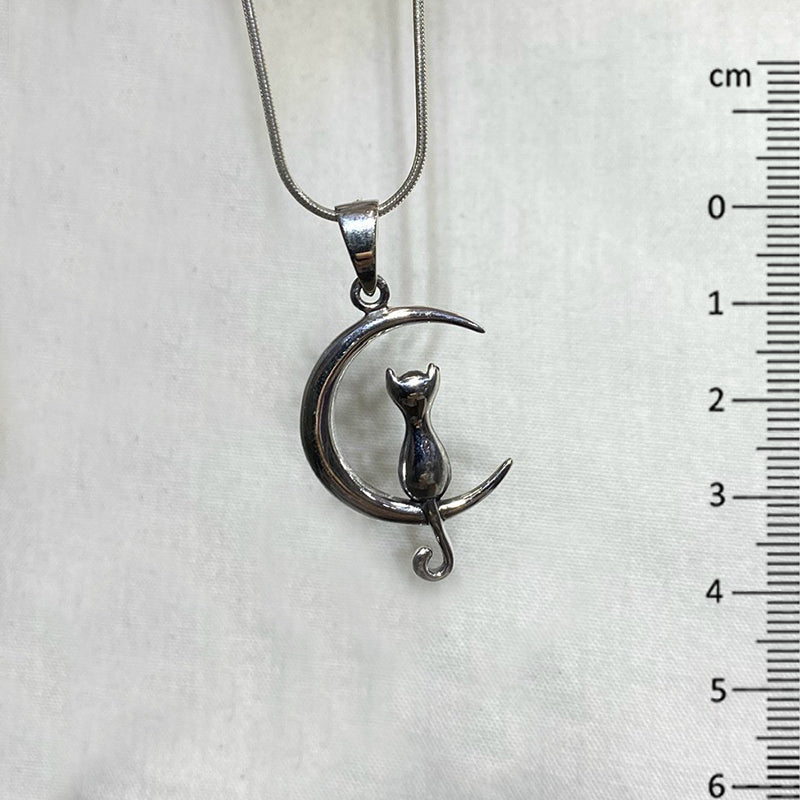 Sterling Silver Cat & Moon Pendant