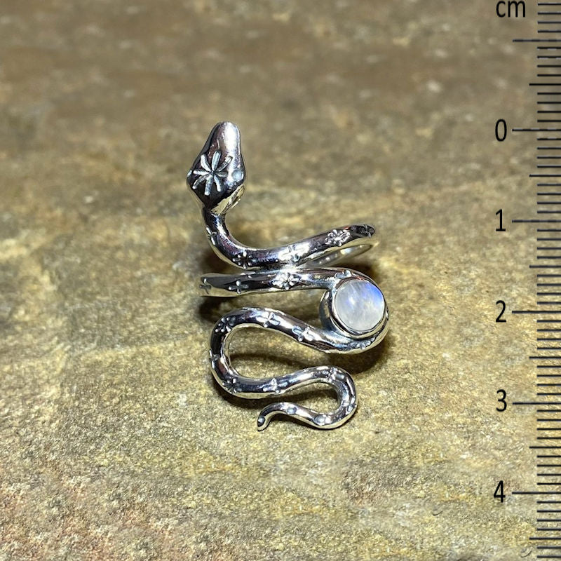Round Rainbow Moonstone Snake Ring- Size 8