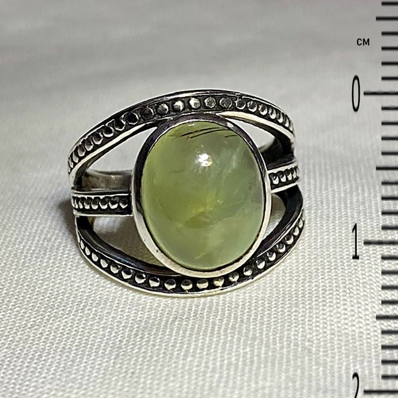 Oval Prehnite Ornate Sterling Silver Ring- Size 7