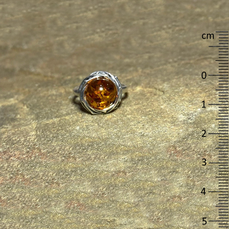Round Amber Ornate Sterling Silver Ring- Size 7