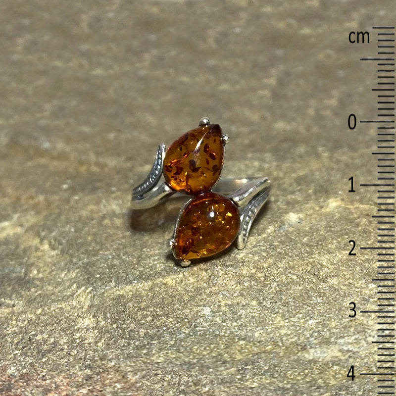 Double Teardrop Amber Ring- Size 9