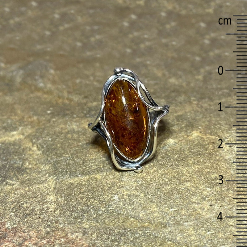 Oval Amber Ornate Sterling Silver Ring- Size 7.5