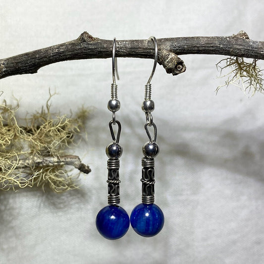 Round Blue Kyanite Ornate Sterling Silver Earrings