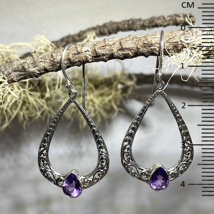 Ornate Silver Teardrop Faceted Amethyst Earrings