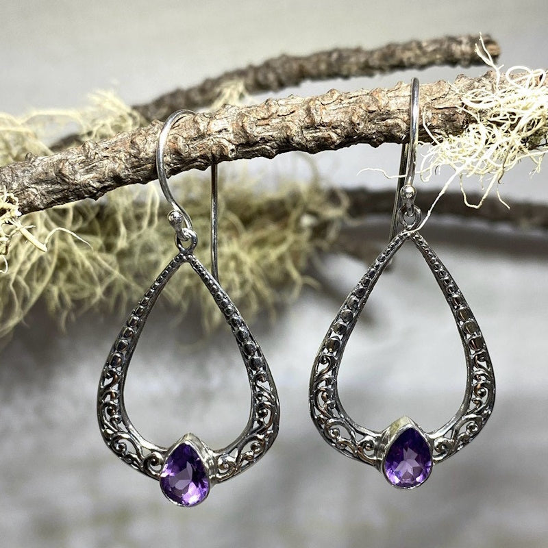 Ornate Silver Teardrop Faceted Amethyst Earrings