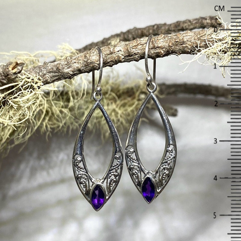 Ornate Silver Diamond Shaped Faceted Amethyst Earrings