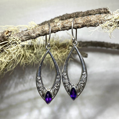 Ornate Silver Diamond Shaped Faceted Amethyst Earrings