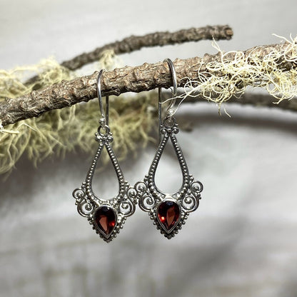 Ornate Silver Pear Shaped Faceted Garnet Earrings