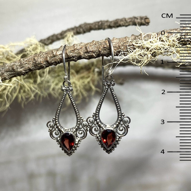 Ornate Silver Pear Shaped Faceted Garnet Earrings