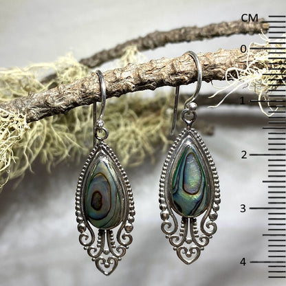 Ornate Silver Teardrop Paua Shell Earrings