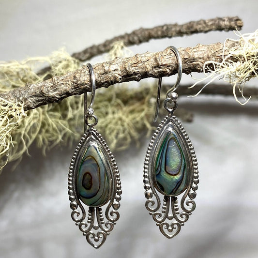 Ornate Silver Teardrop Paua Shell Earrings