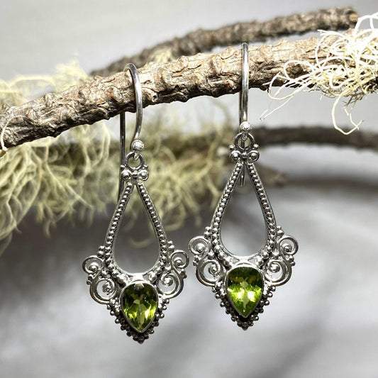 Ornate Silver Faceted Pear Shaped Peridot Earrings