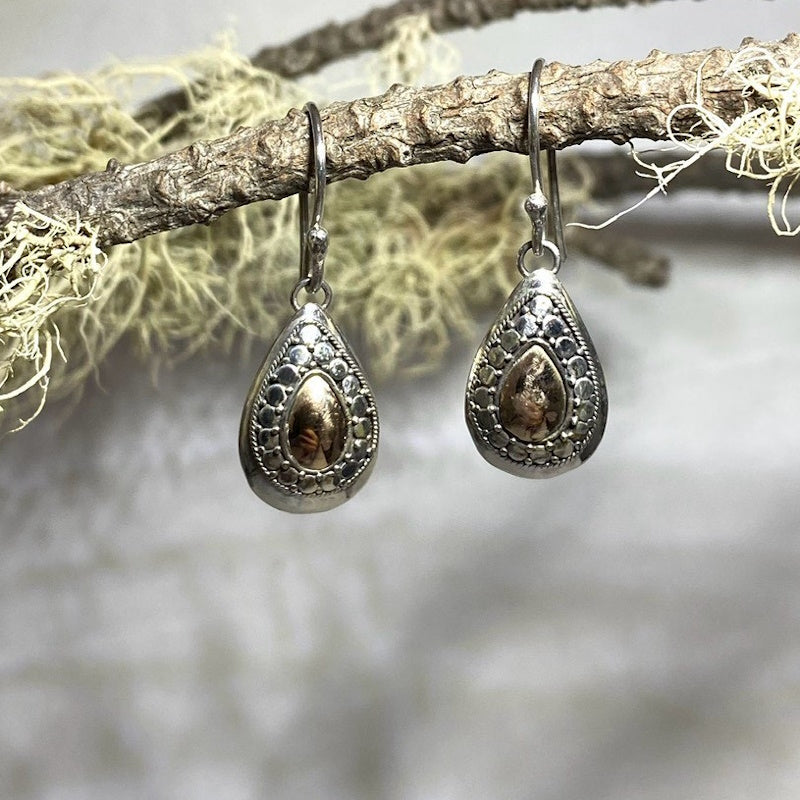 Ornate Sterling Silver and Yellow Gold Teardrop Earrings