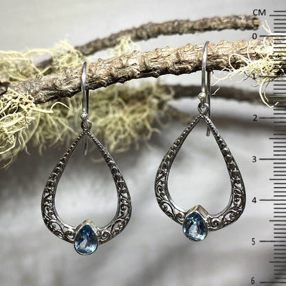 Ornate Silver Teardrop Faceted Blue Topaz Earrings