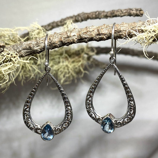 Ornate Silver Teardrop Faceted Blue Topaz Earrings